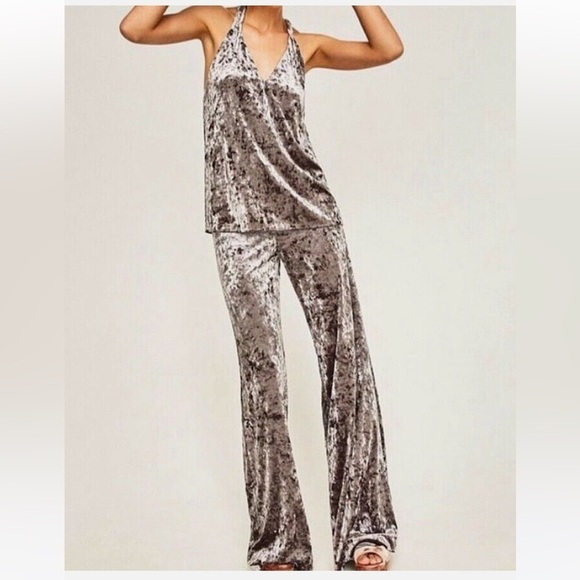 Zara Crushed Velvet 2-Piece Set Halter Top & Flare Pants Silver Lounge Size XS - Picture 1 of 8